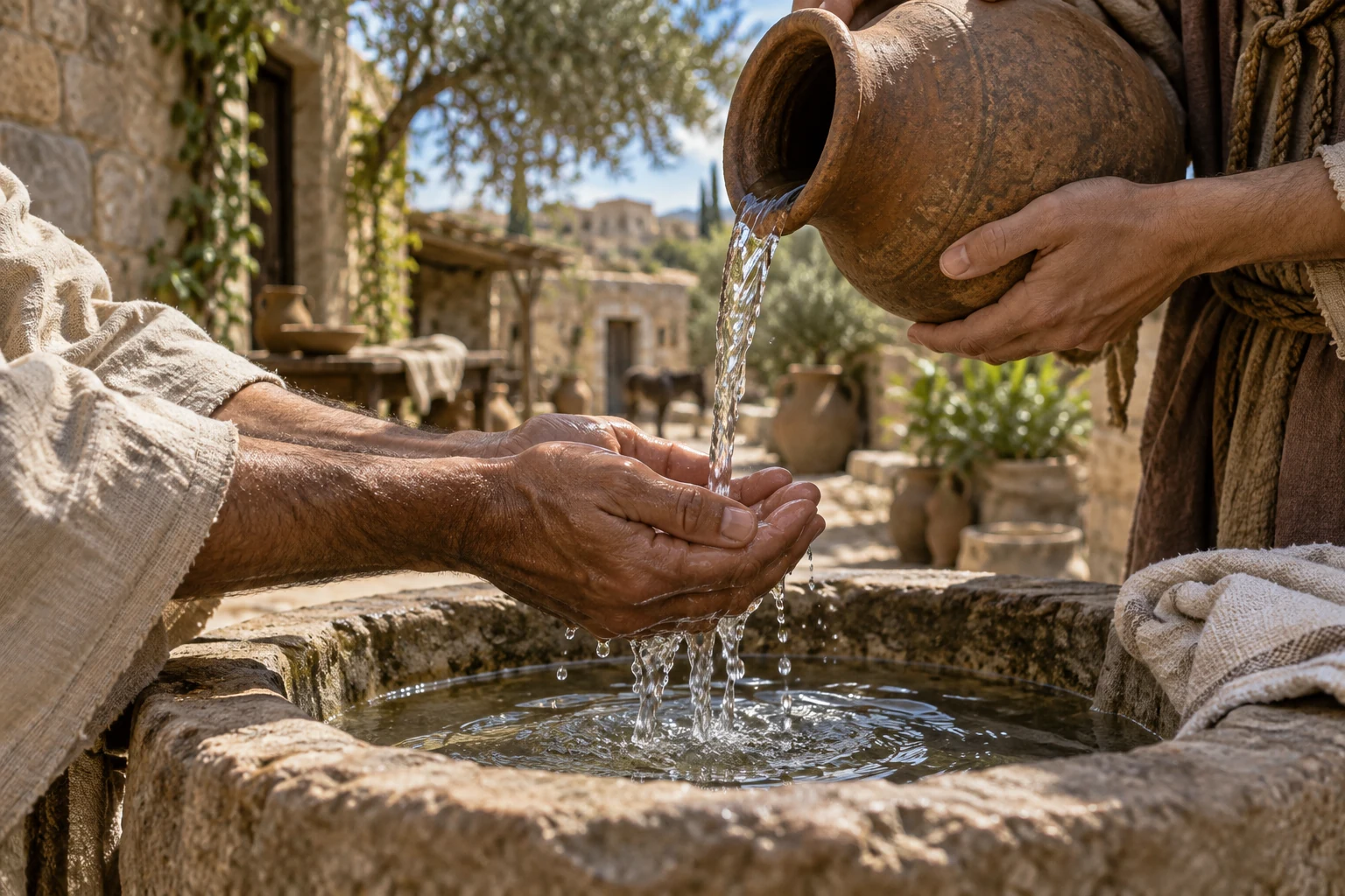 Water poured over hands beside an ancient stone basin