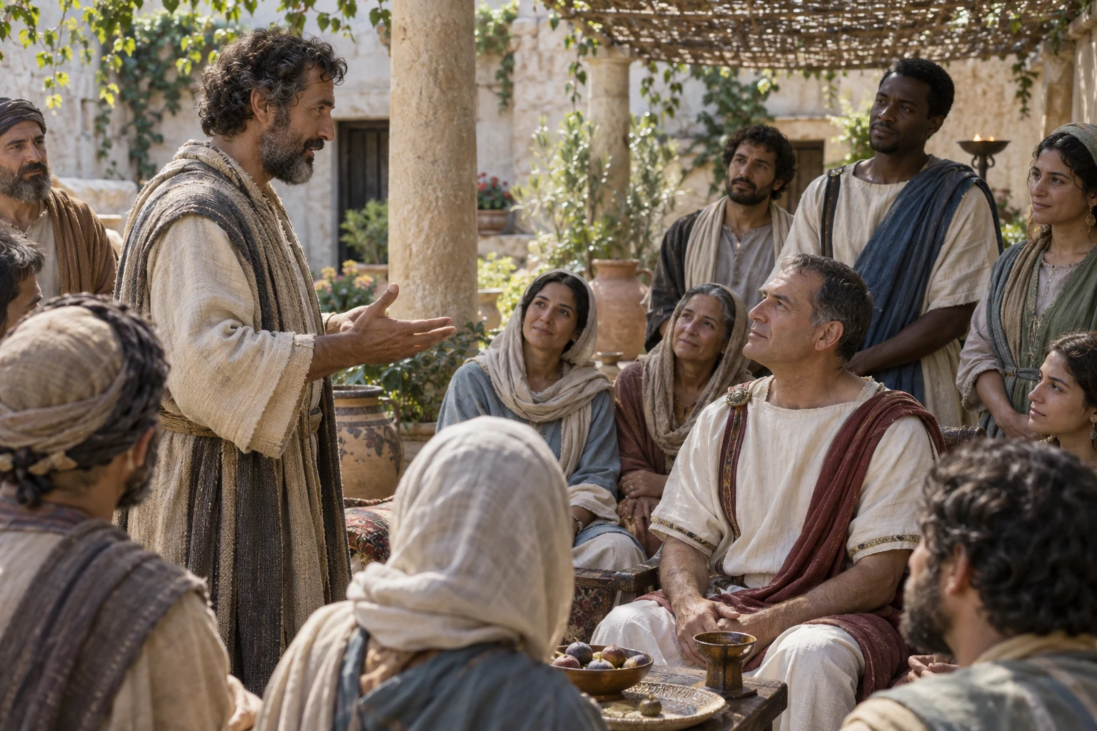 Peter speaking to Cornelius, his household and gathered companions in a first-century courtyard