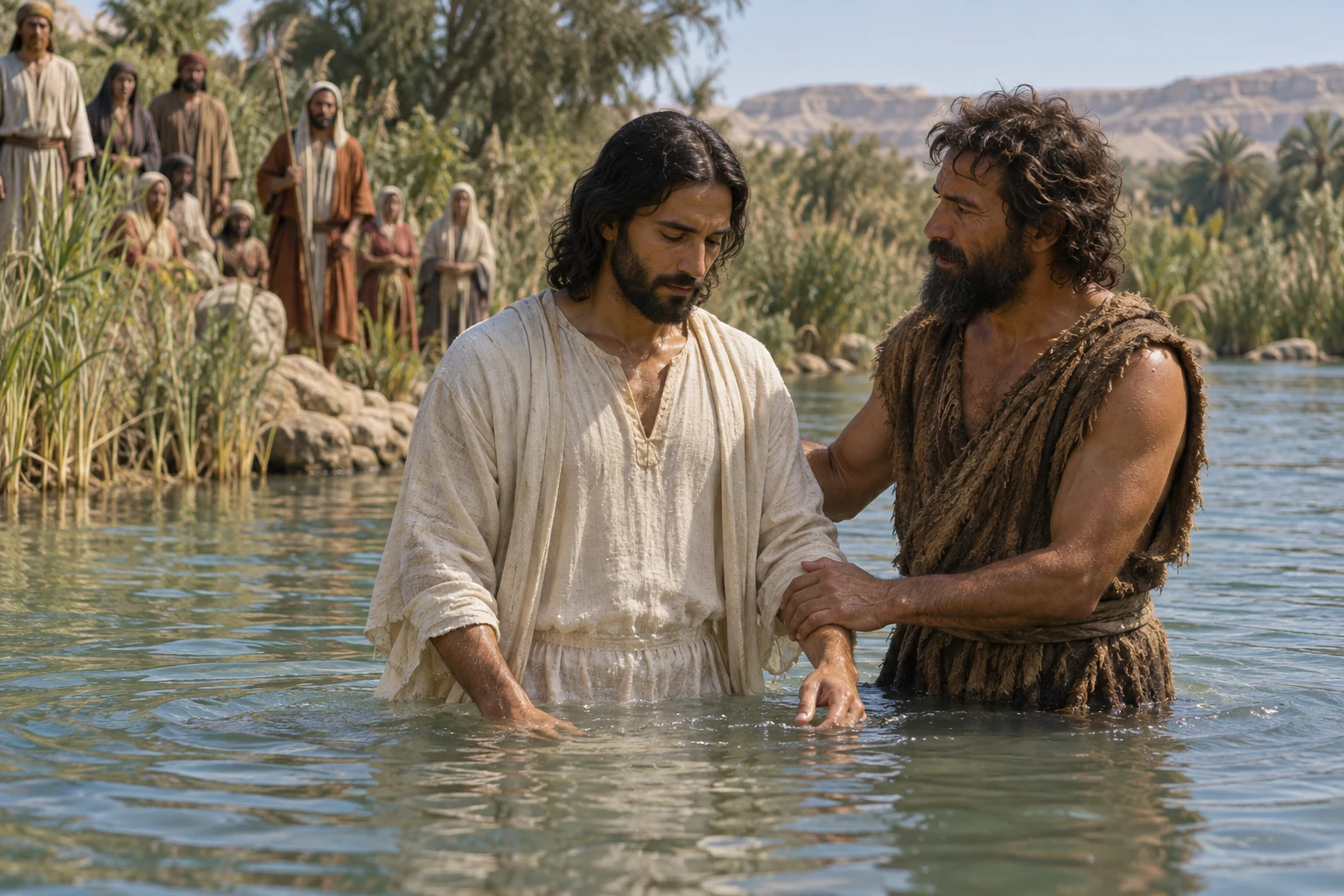 Jesus and John standing in the Jordan, with listeners among the reeds on the bank